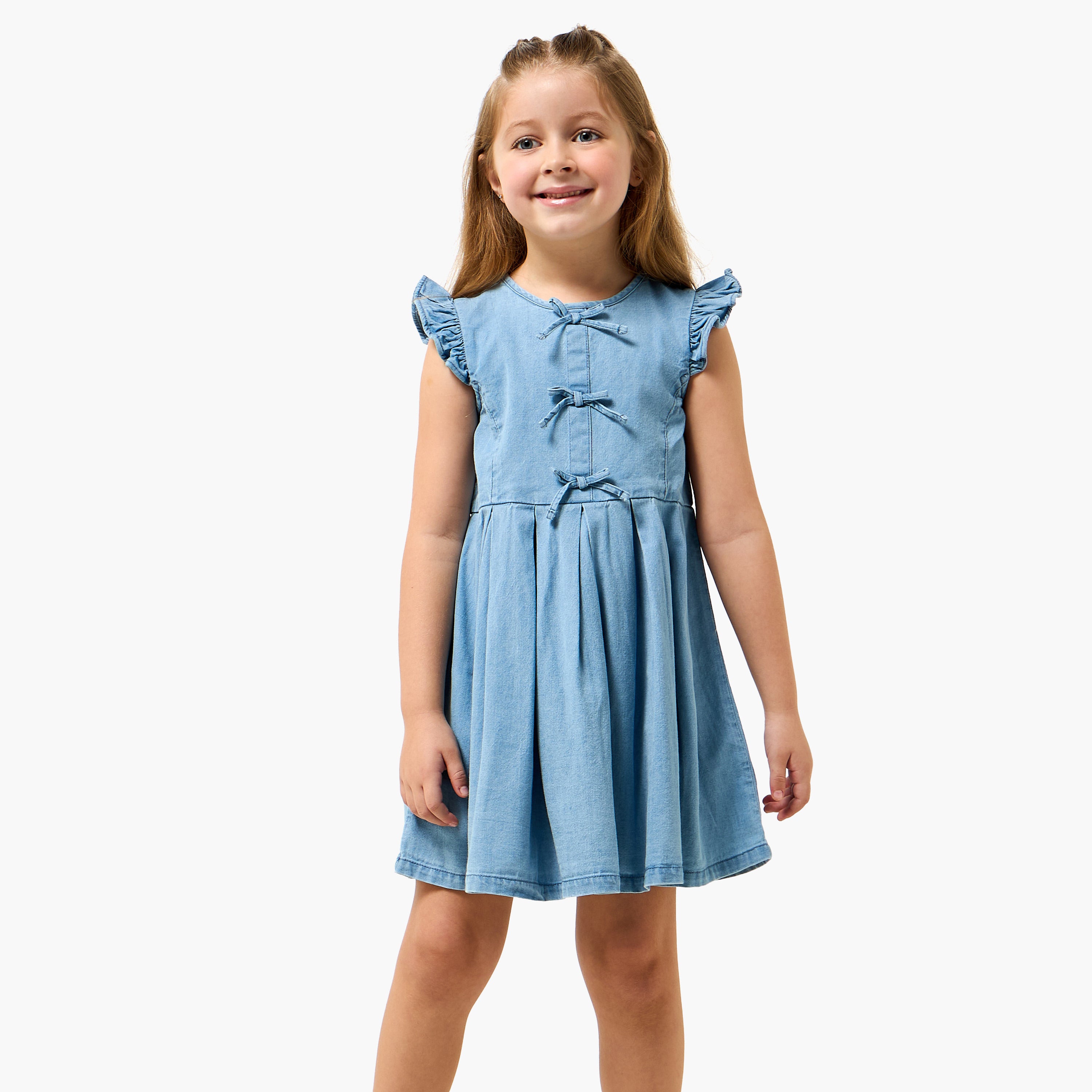 Juniors Round Neck Sleeveless A-line Denim Dress with Bow Detail - Blue / 1-2 yrs