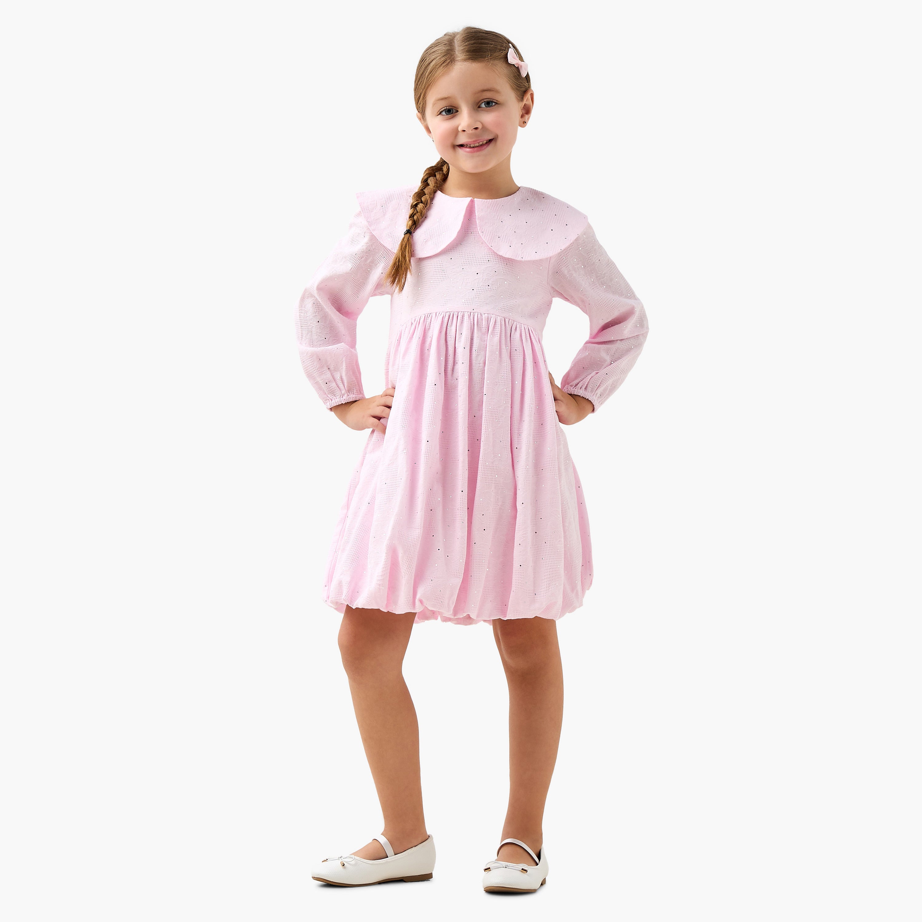 Juniors Peter Pan Collar Long Sleeves Balloon Dress with Embellished Detail