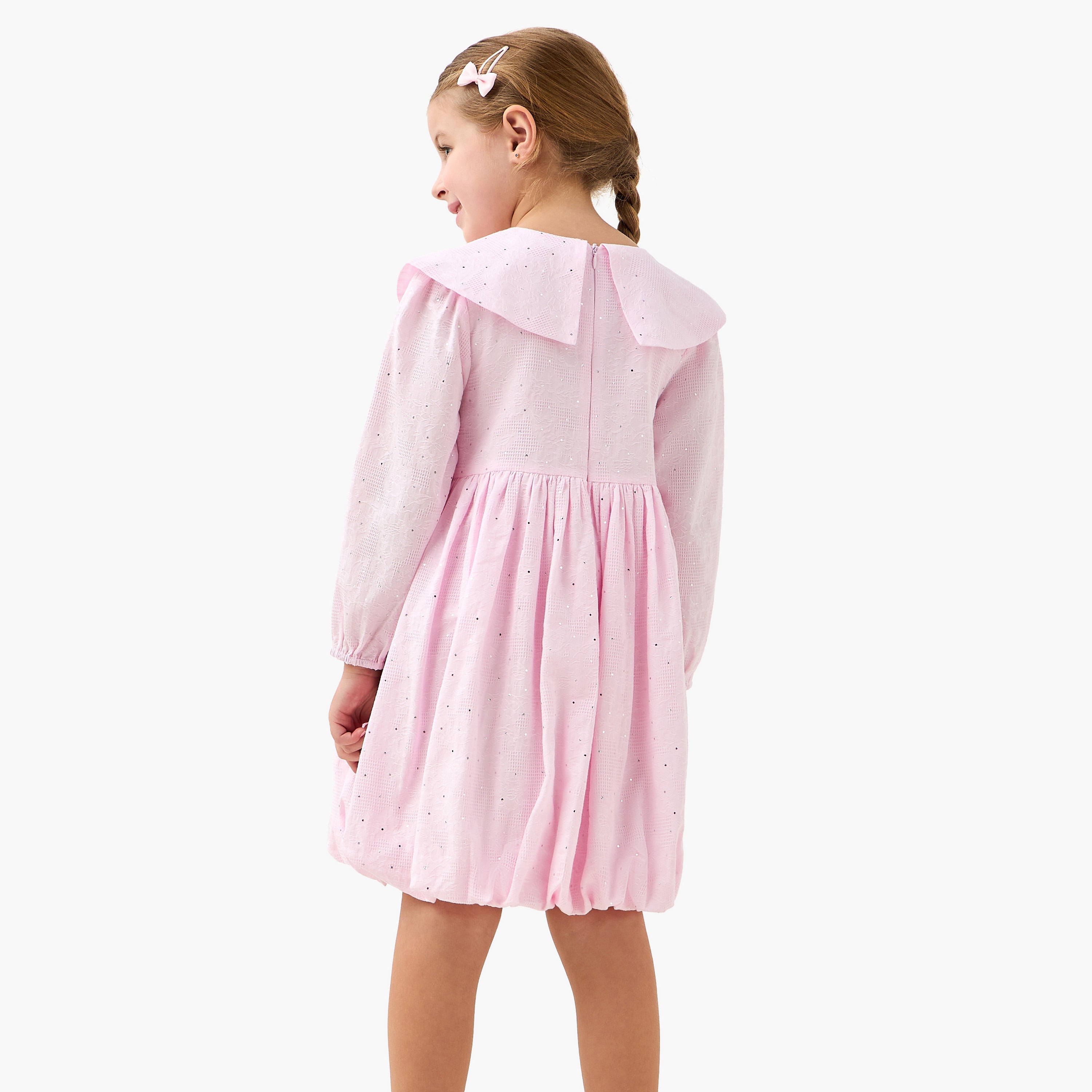 Juniors Peter Pan Collar Long Sleeves Balloon Dress with Embellished Detail