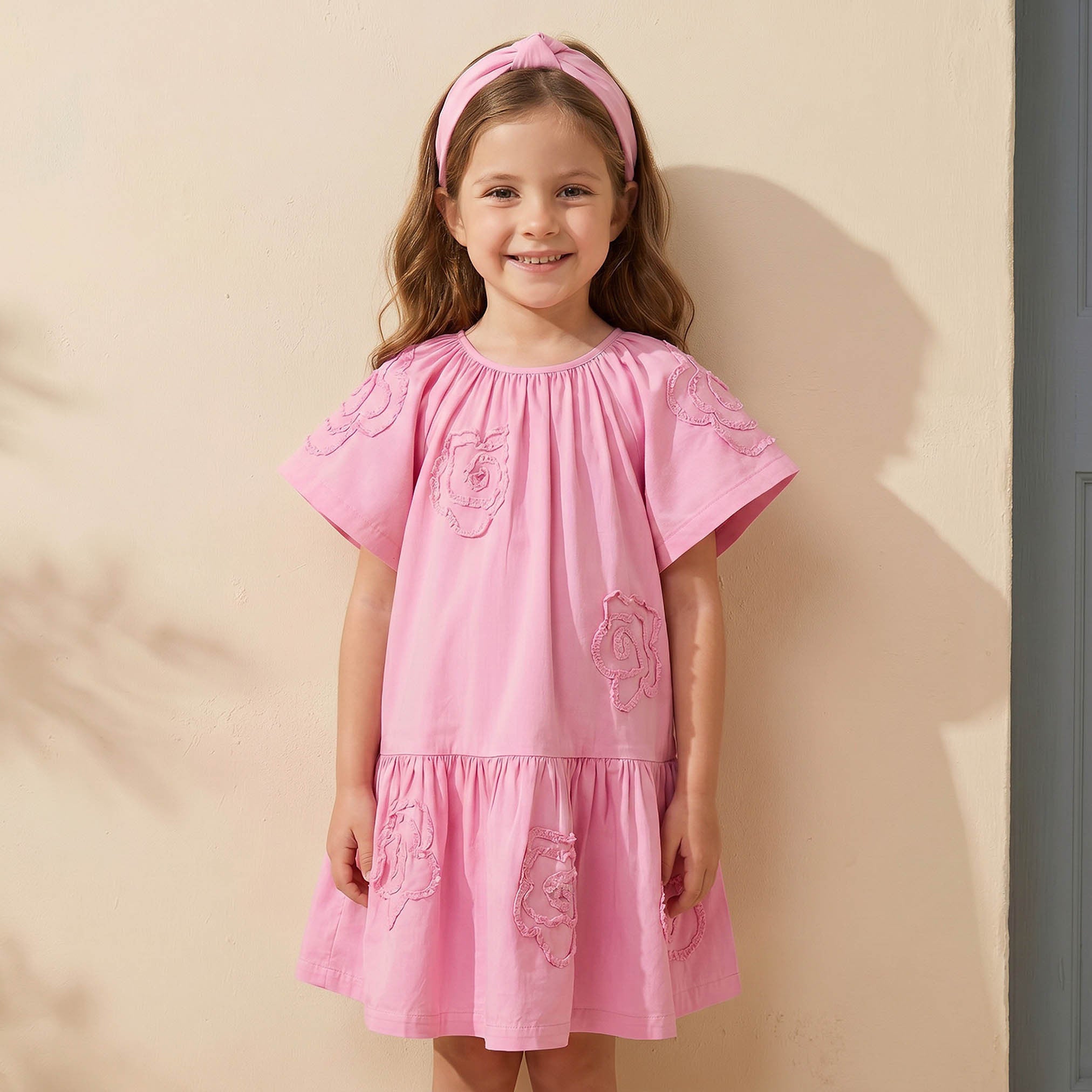 Juniors Round Neck Short Sleeves Knee Length Drop Waist Dress with Floral Lace Detail