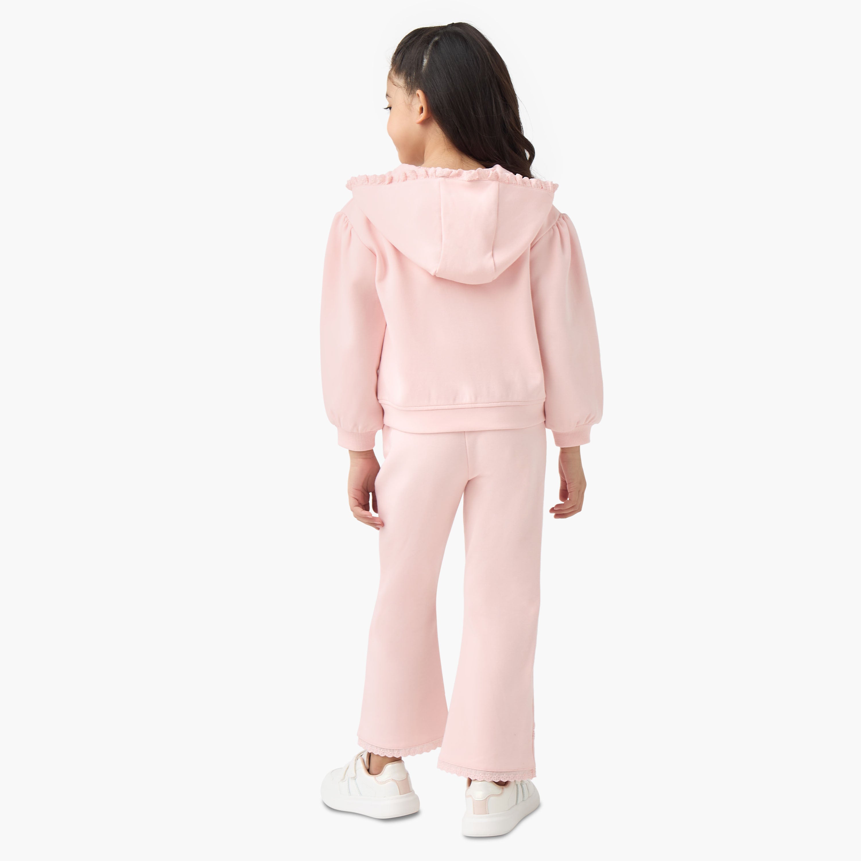 Juniors Hooded Long Sleeves Sweatshirt and Track Pants Set with Lace Trim