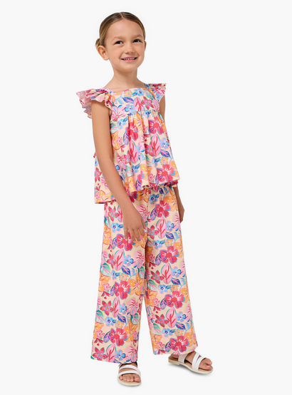 Juniors Square Neck Ruffle Sleeves Top and Pants Set with Floral Print-baby-girls-clothing-setsandcoords-image-1