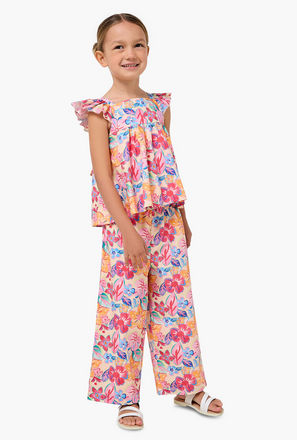 Juniors Square Neck Ruffle Sleeves Top and Pants Set with Floral Print