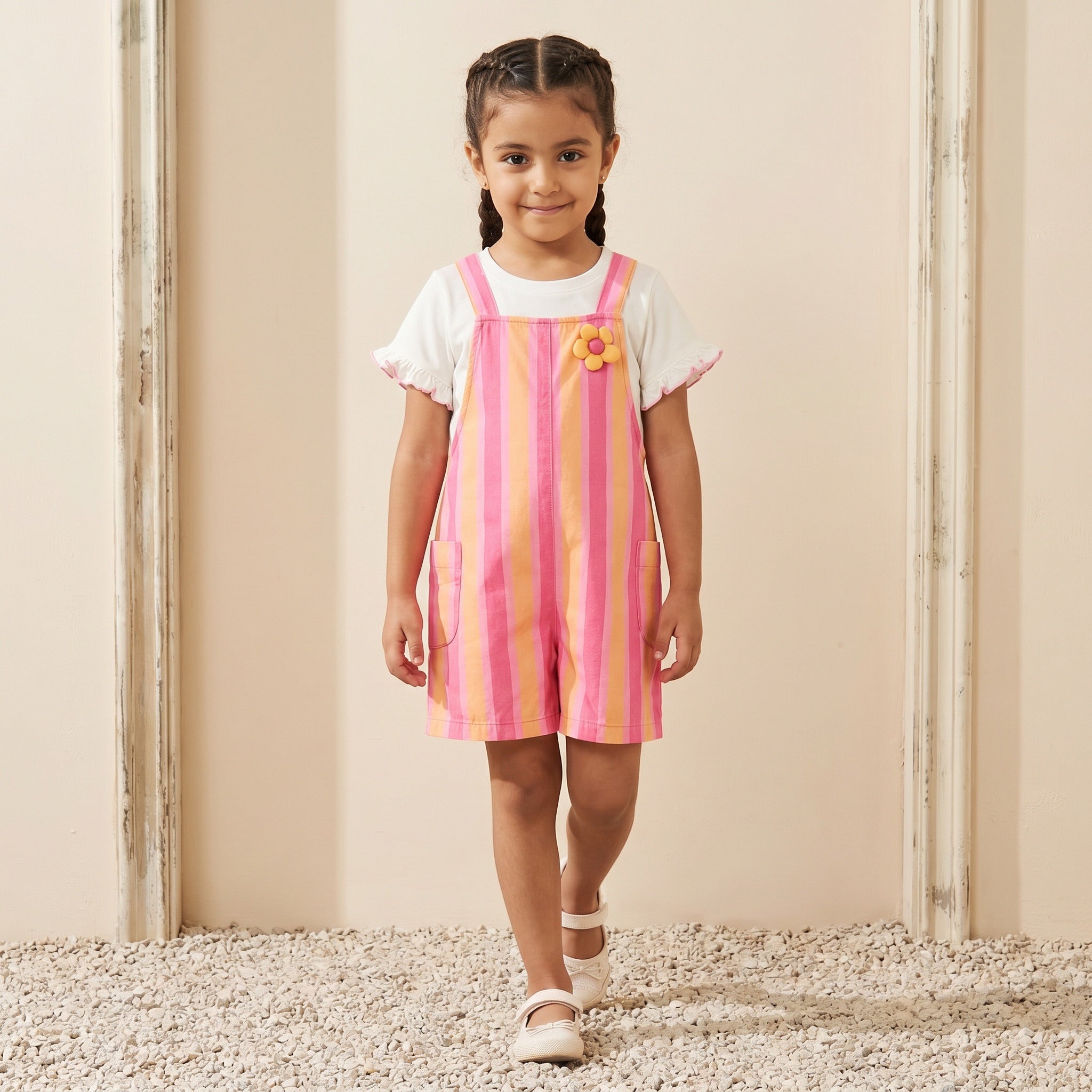 Juniors Crew Neck Short Sleeves T-shirt and Dungaree Set with Stripes