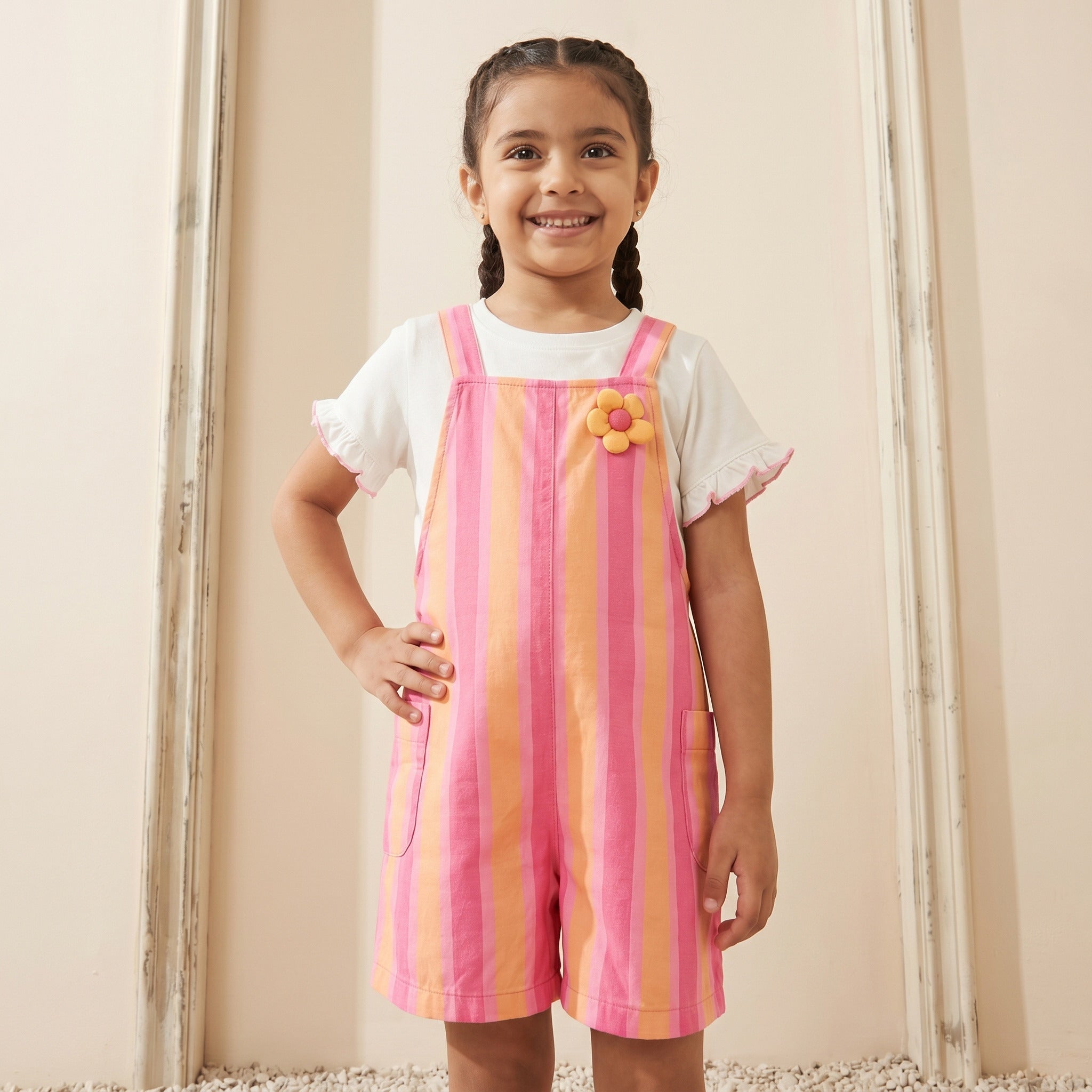Juniors Crew Neck Short Sleeves T-shirt and Dungaree Set with Stripes