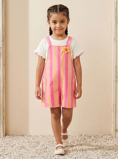 Juniors Crew Neck Short Sleeves T-shirt and Dungaree Set with Stripes-baby-girls-clothing-setsandcoords-image-3