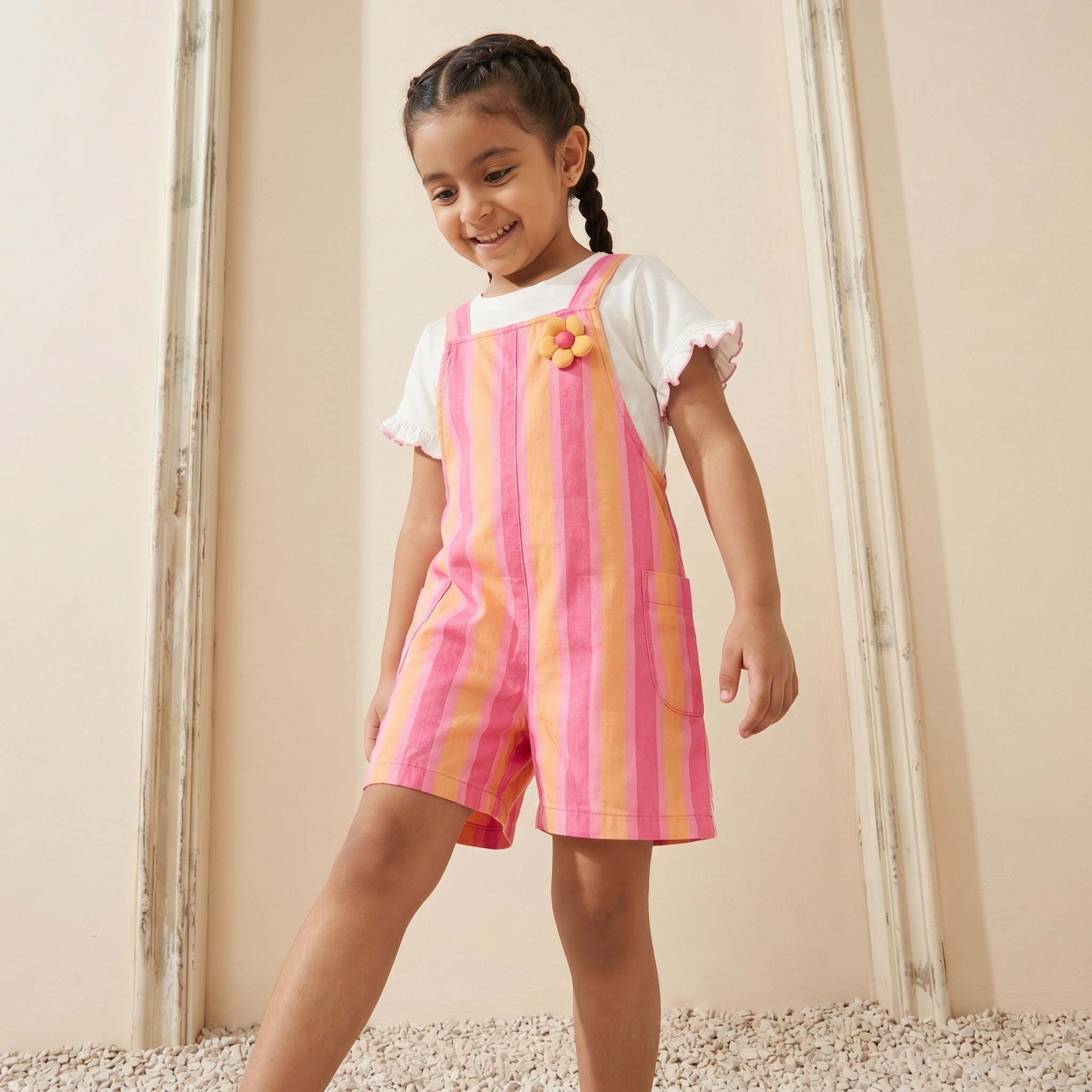 Juniors Crew Neck Short Sleeves T-shirt and Dungaree Set with Stripes