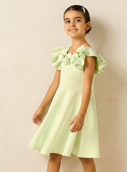 Juniors Round Neck Short Sleeves Dress with Floral Applique-girls-clothing-dressesandjumpsuits-image-1