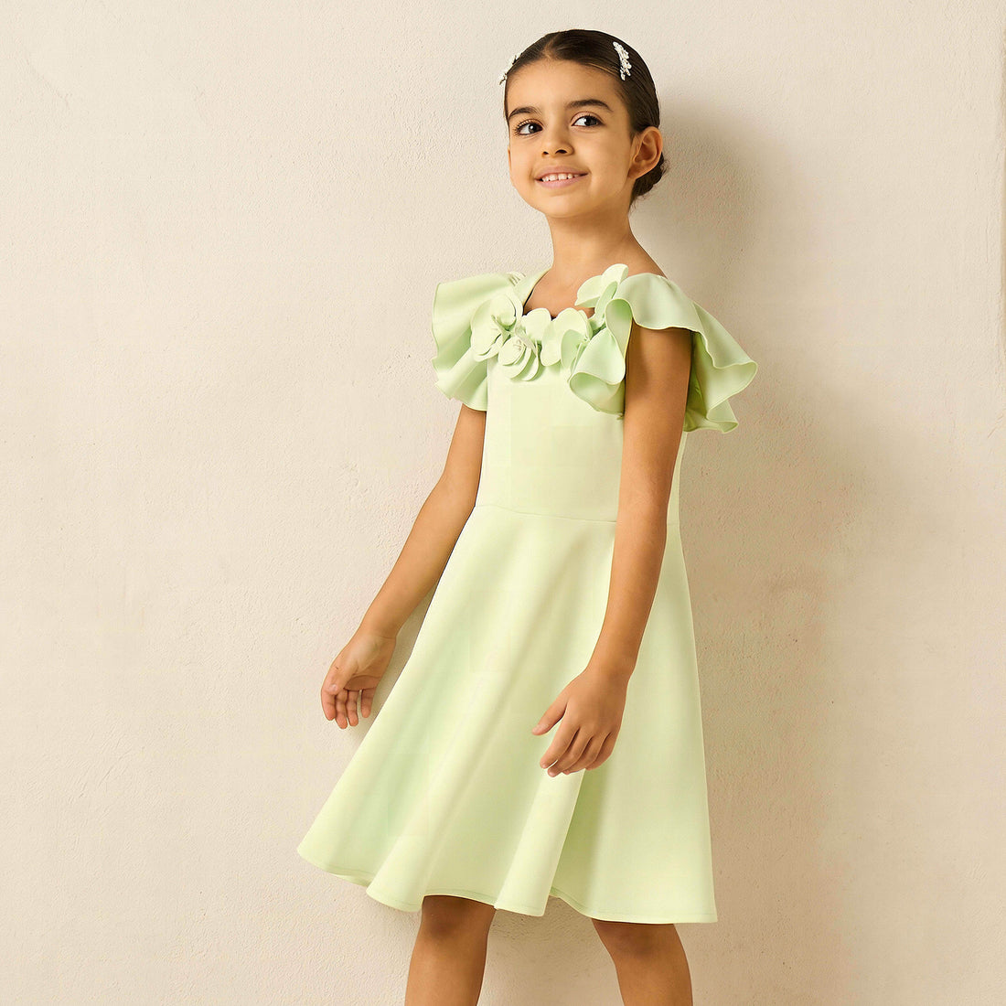 Juniors Round Neck Short Sleeves Dress with Floral Applique - Green / 5-6 yrs