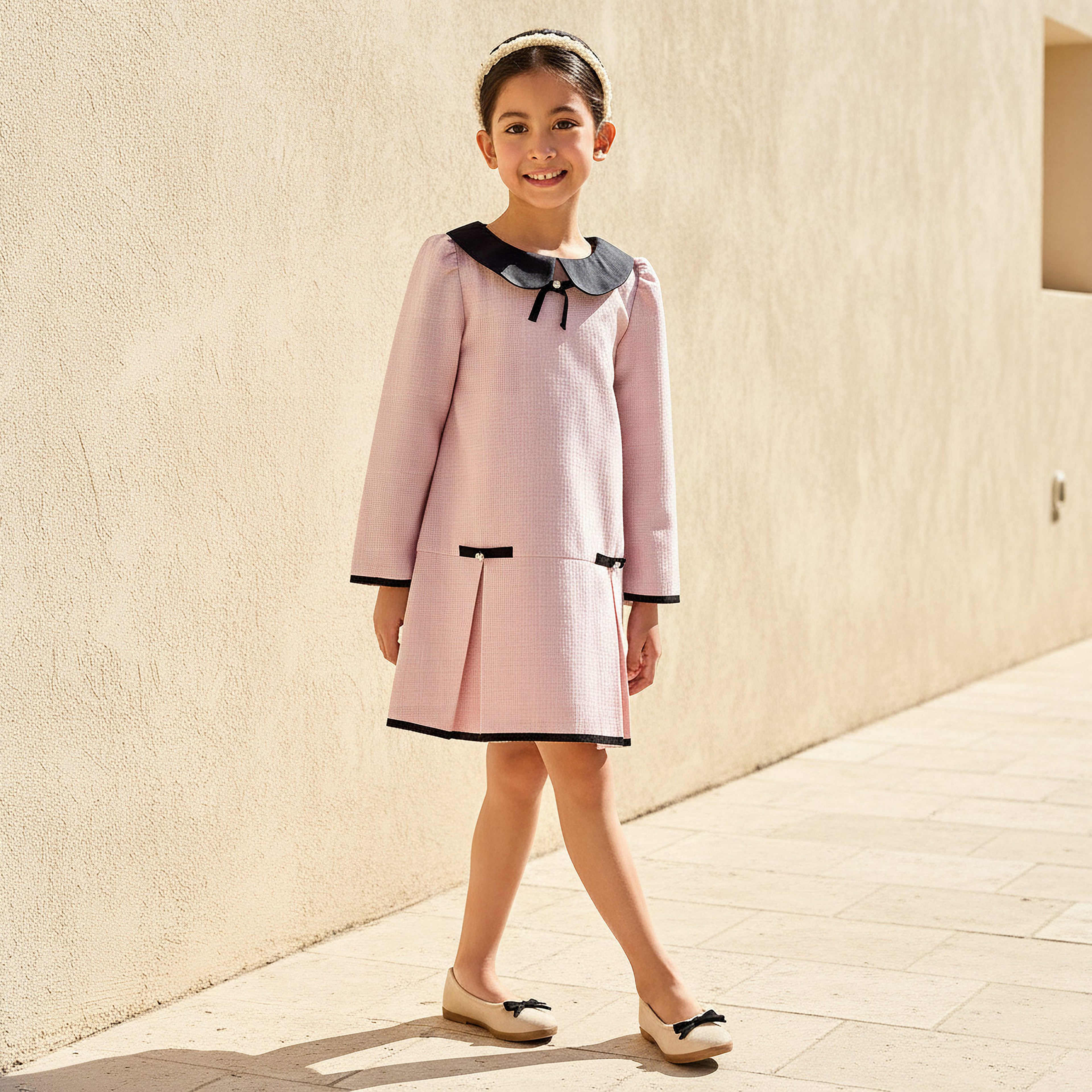 Juniors Peter Pan Collar Long Sleeves Dress with Pearl Embellishment - Pink / 7-8 yrs