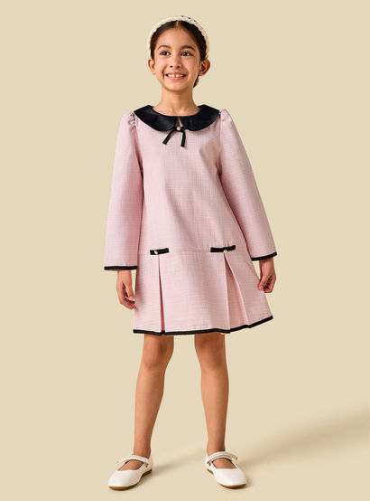 Juniors Peter Pan Collar Long Sleeves Dress with Pearl Embellishment-girls-clothing-dressesandjumpsuits-image-2