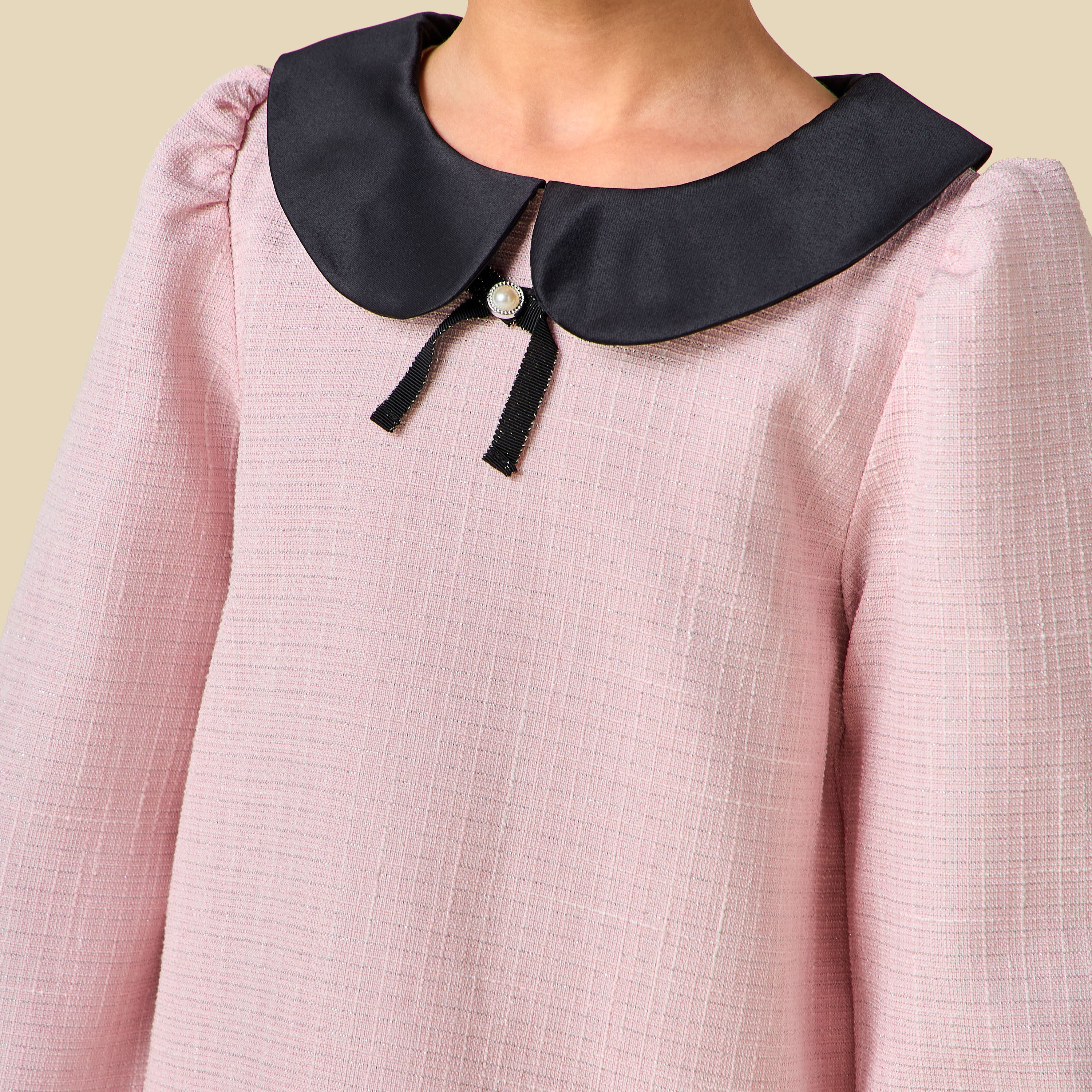 Juniors Peter Pan Collar Long Sleeves Dress with Pearl Embellishment