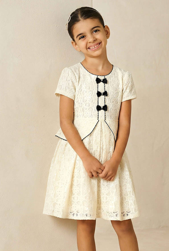 Juniors Round Neck Short Sleeves Dress with Embellished Detail