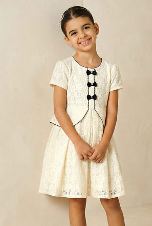 Juniors Round Neck Short Sleeves Dress with Embellished Detail
