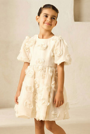Juniors Round Neck Short Sleeves A-line Dress with Floral Applique