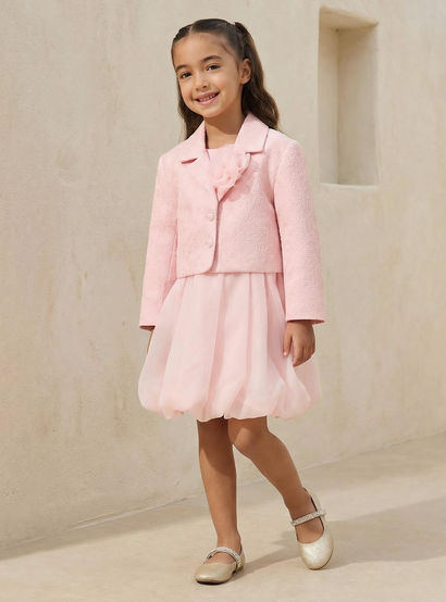 Juniors Sleeveless Dress with Floral Textured Collared Blazer-girls-clothing-dressesandjumpsuits-image-1