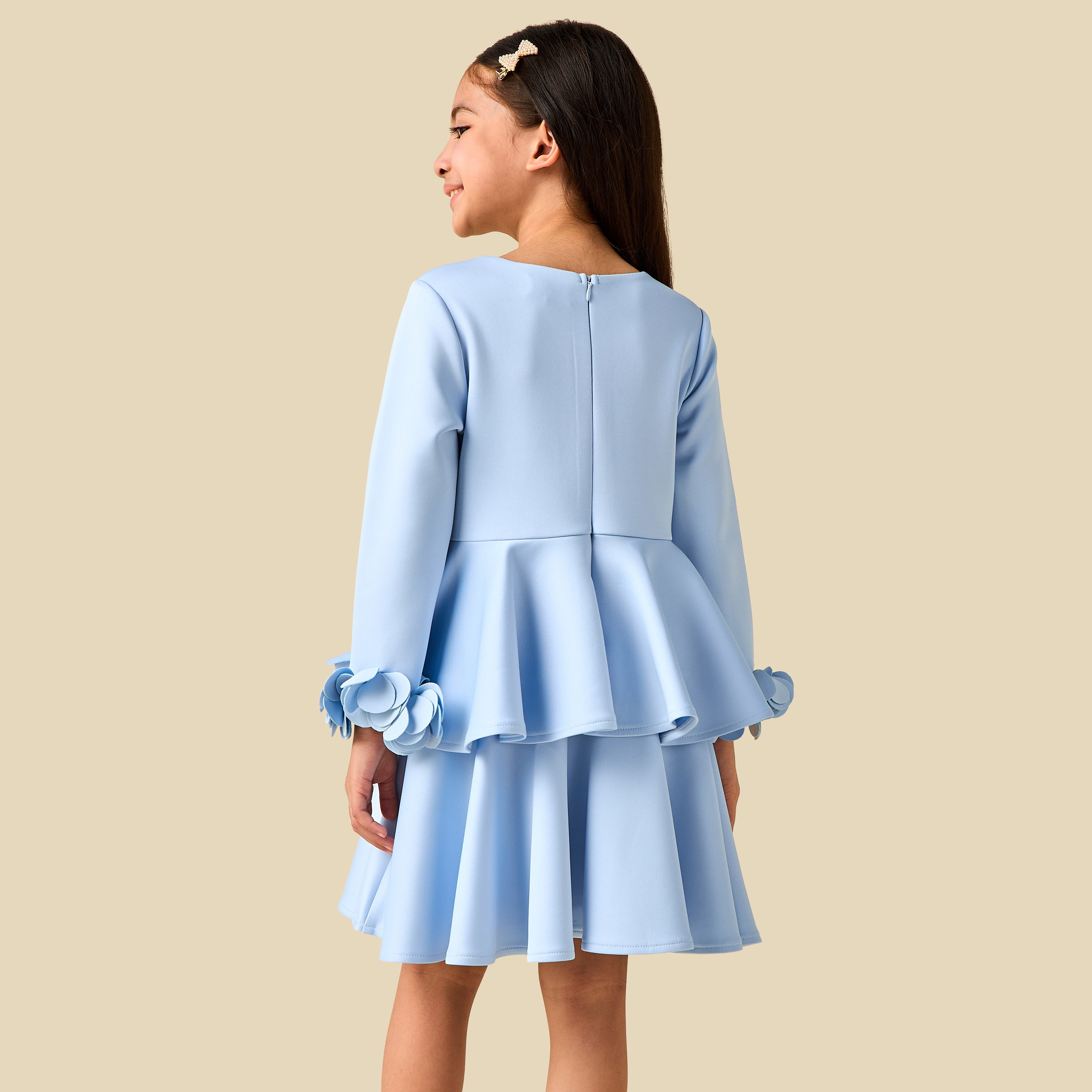 Juniors Round Neck Long Sleeves Tiered Dress with Ruffle Detail