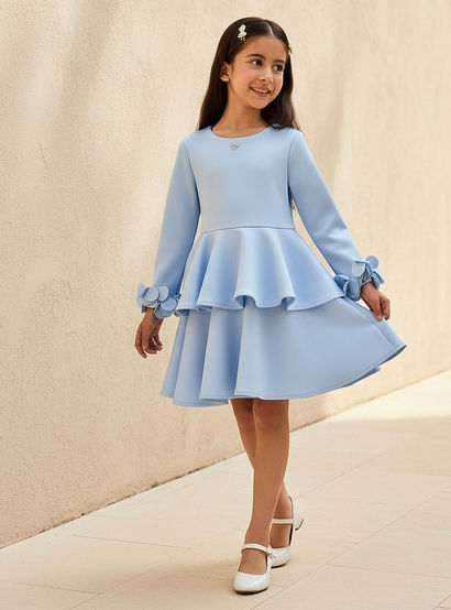 Juniors Round Neck Long Sleeves Tiered Dress with Ruffle Detail-girls-clothing-dressesandjumpsuits-image-1