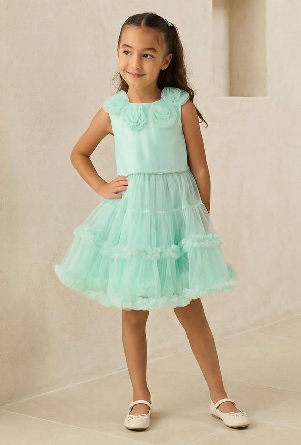 Juniors Round Neck Sleeveless Tiered Prom Dress with Floral Applique