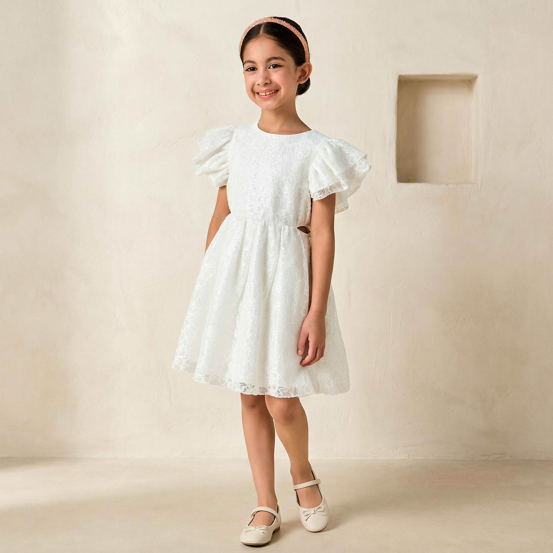 Juniors Round Neck Short Sleeves A-line Dress with Sequin Embellishments - White / 1-2 yrs