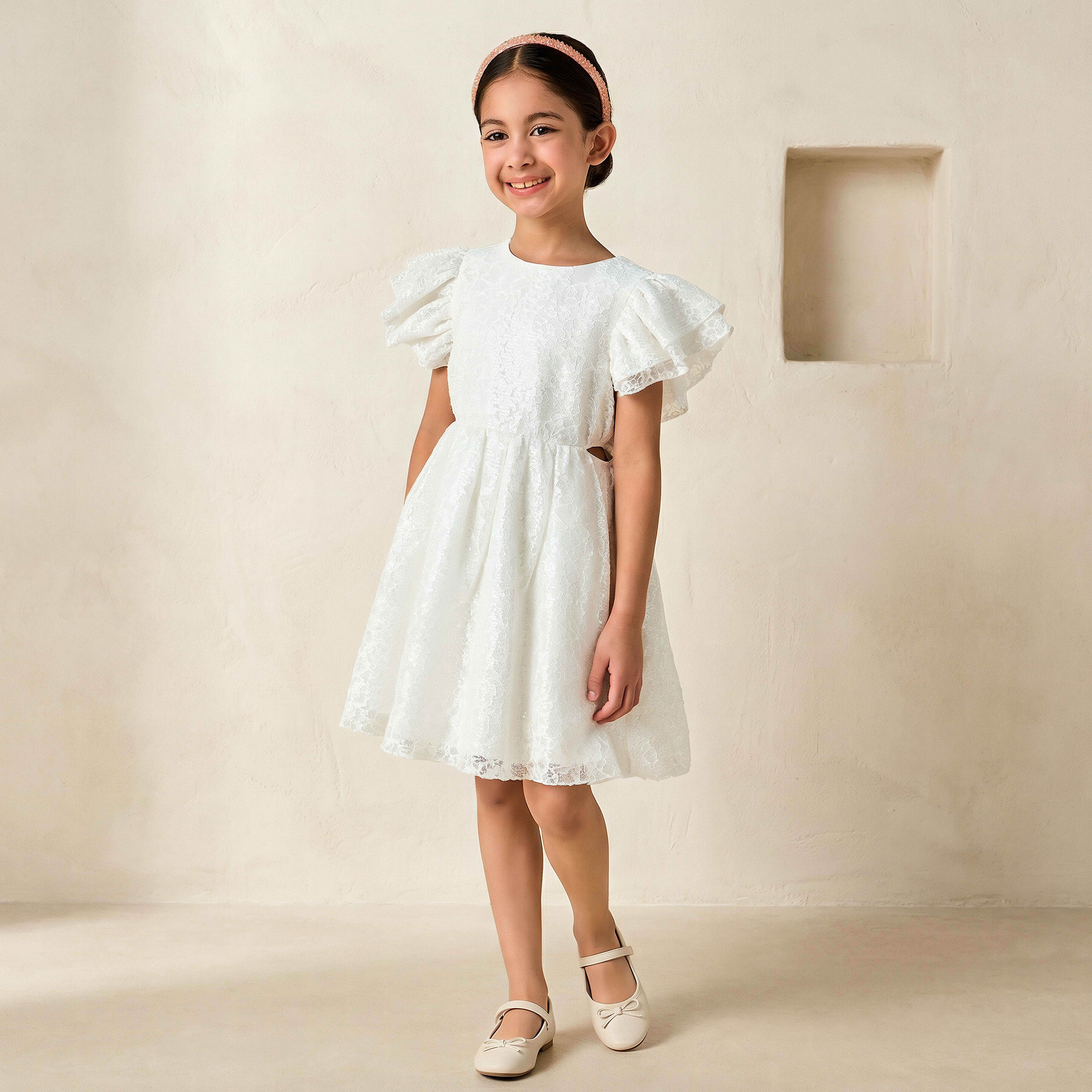 Juniors Round Neck Short Sleeves A-line Dress with Sequin Embellishments - White / 1-2 yrs
