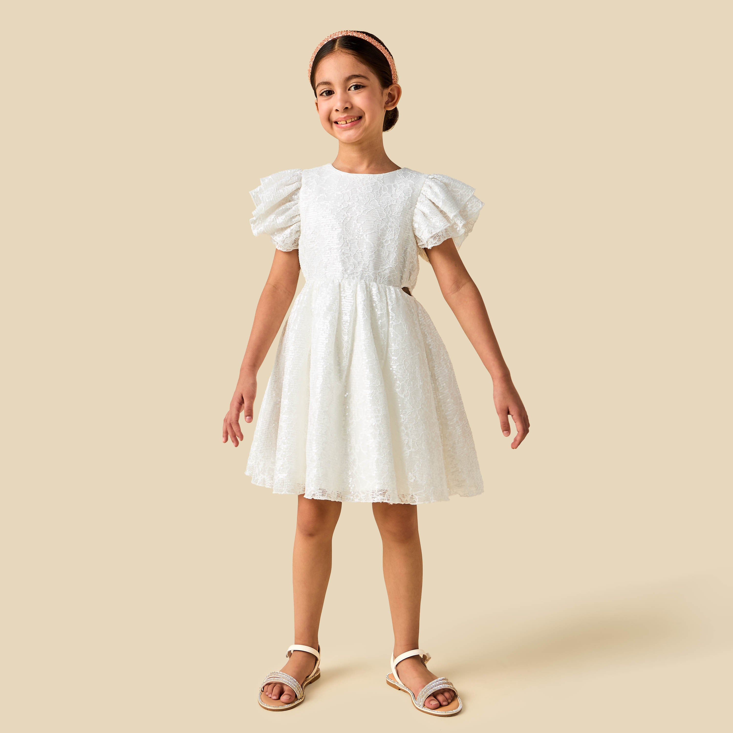 Juniors Round Neck Short Sleeves A-line Dress with Sequin Embellishments