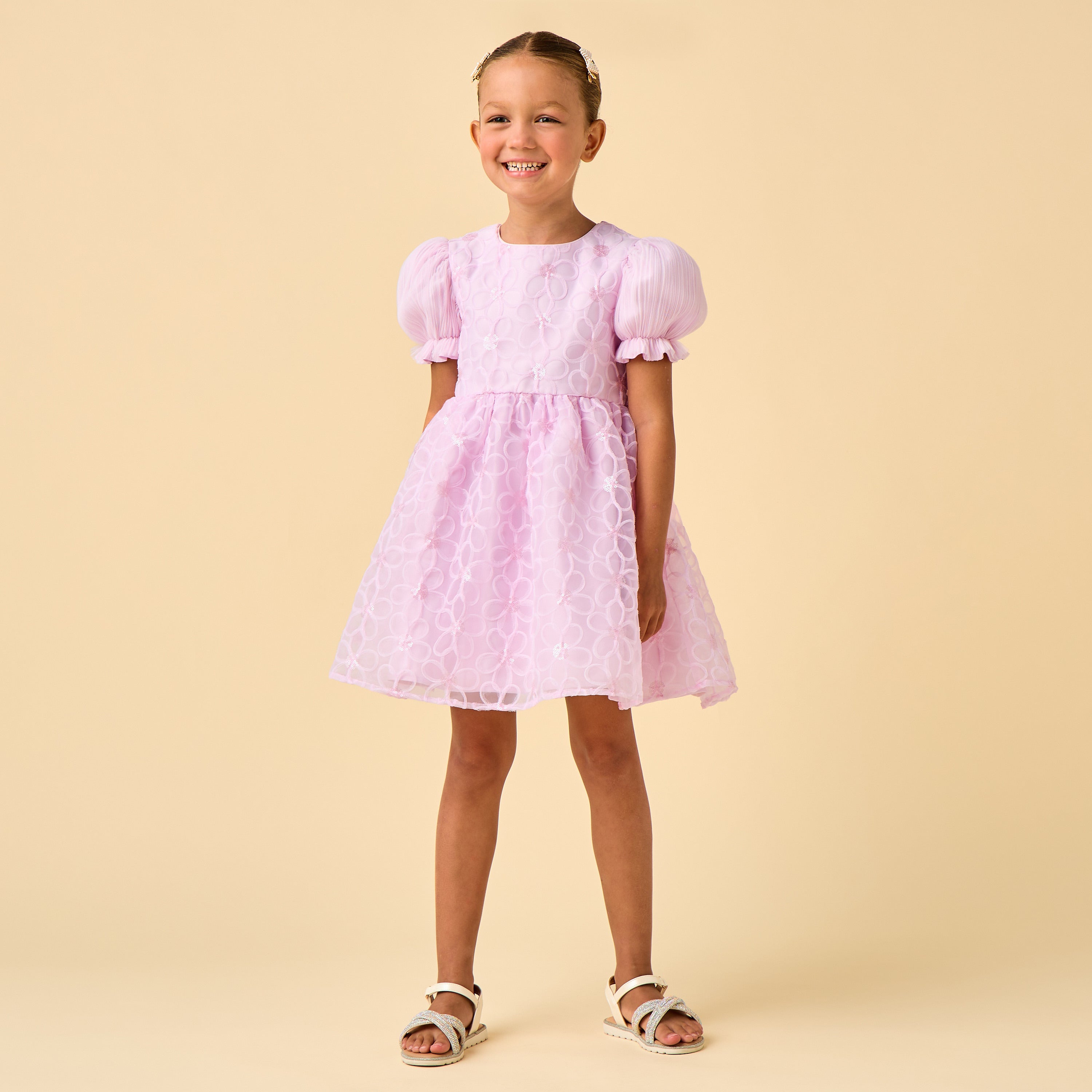 Juniors Round Neck Puff Sleeves Knee Length A-line Prom Dress with Floral Embroidery