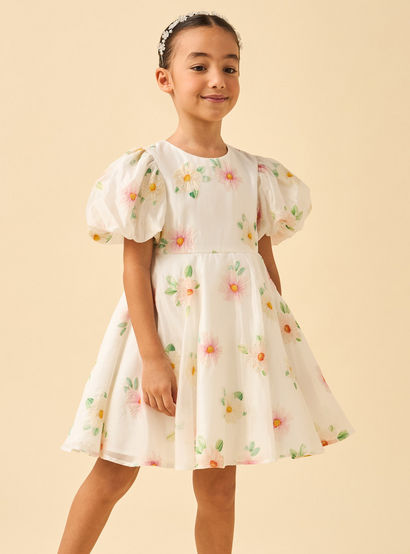 Juniors Round Neck Short Sleeves Knee Length A-line Dress with Floral Embroidery-girls-clothing-dressesandjumpsuits-image-2