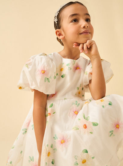 Juniors Round Neck Short Sleeves Knee Length A-line Dress with Floral Embroidery-girls-clothing-dressesandjumpsuits-image-5