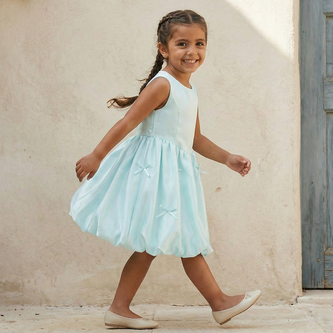 Juniors Round Neck Sleeveless Knee Length A-line Dress with Bow Accent