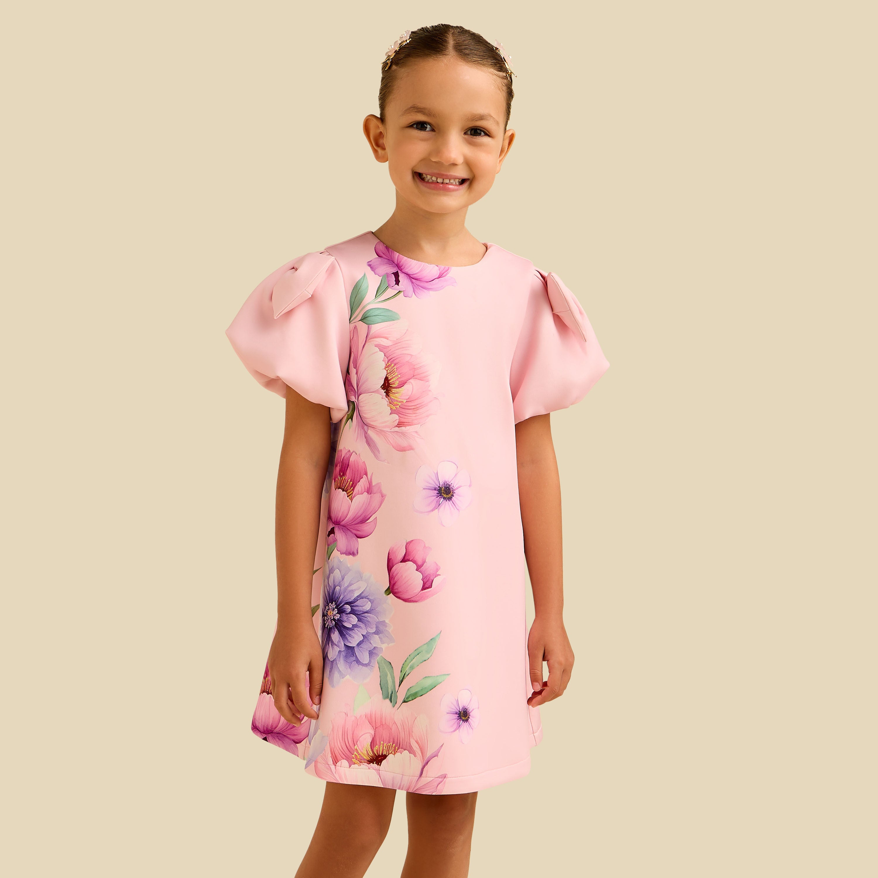 Juniors Round Neck Short Sleeve Dress with Floral Print