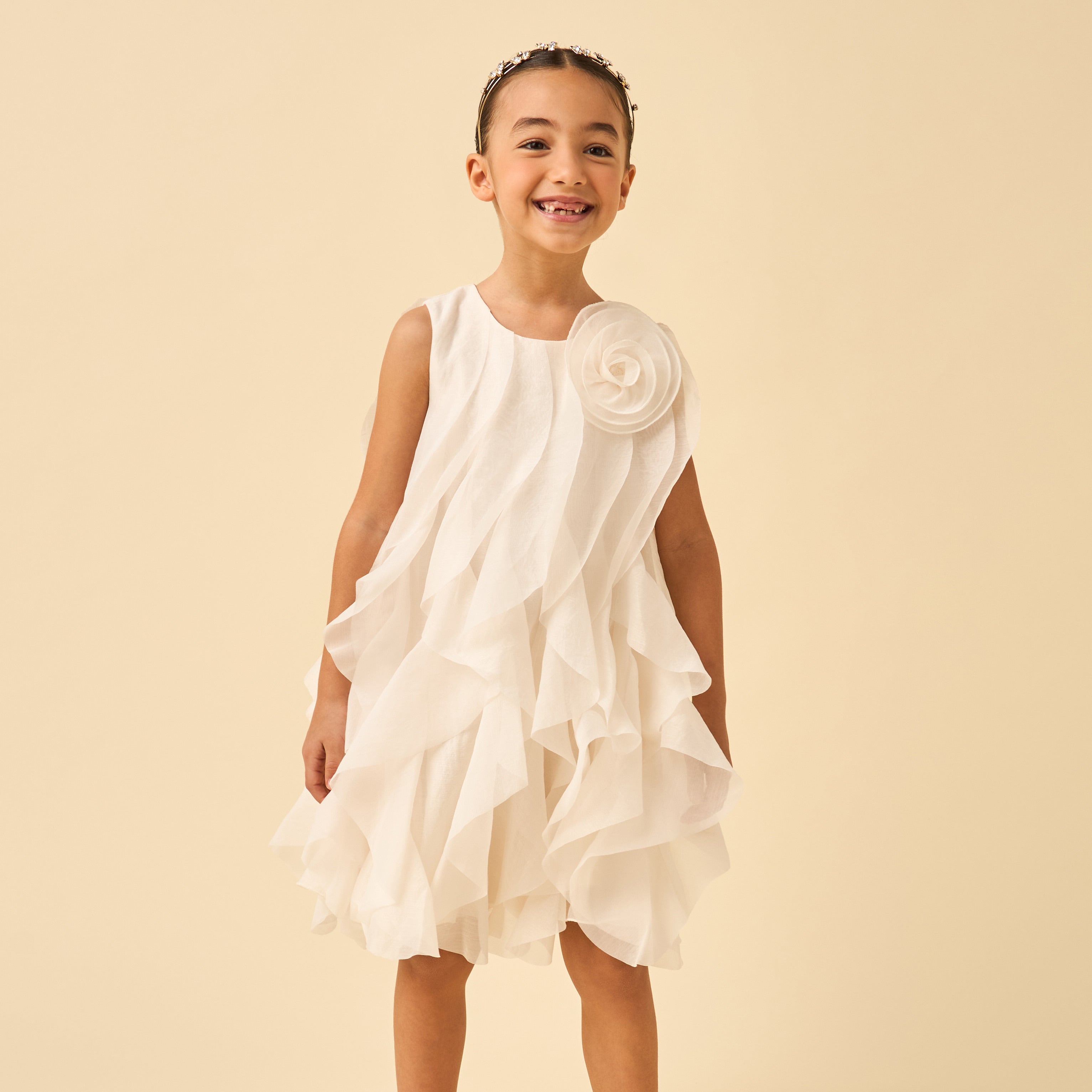 Juniors Round Neck Sleeveless A-line Dress with Ruffle Detail
