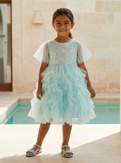 Juniors Round Neck Short Sleeves Knee Length Prom Dress with Ruffles and Sequins-girls-clothing-dressesandjumpsuits-image-1