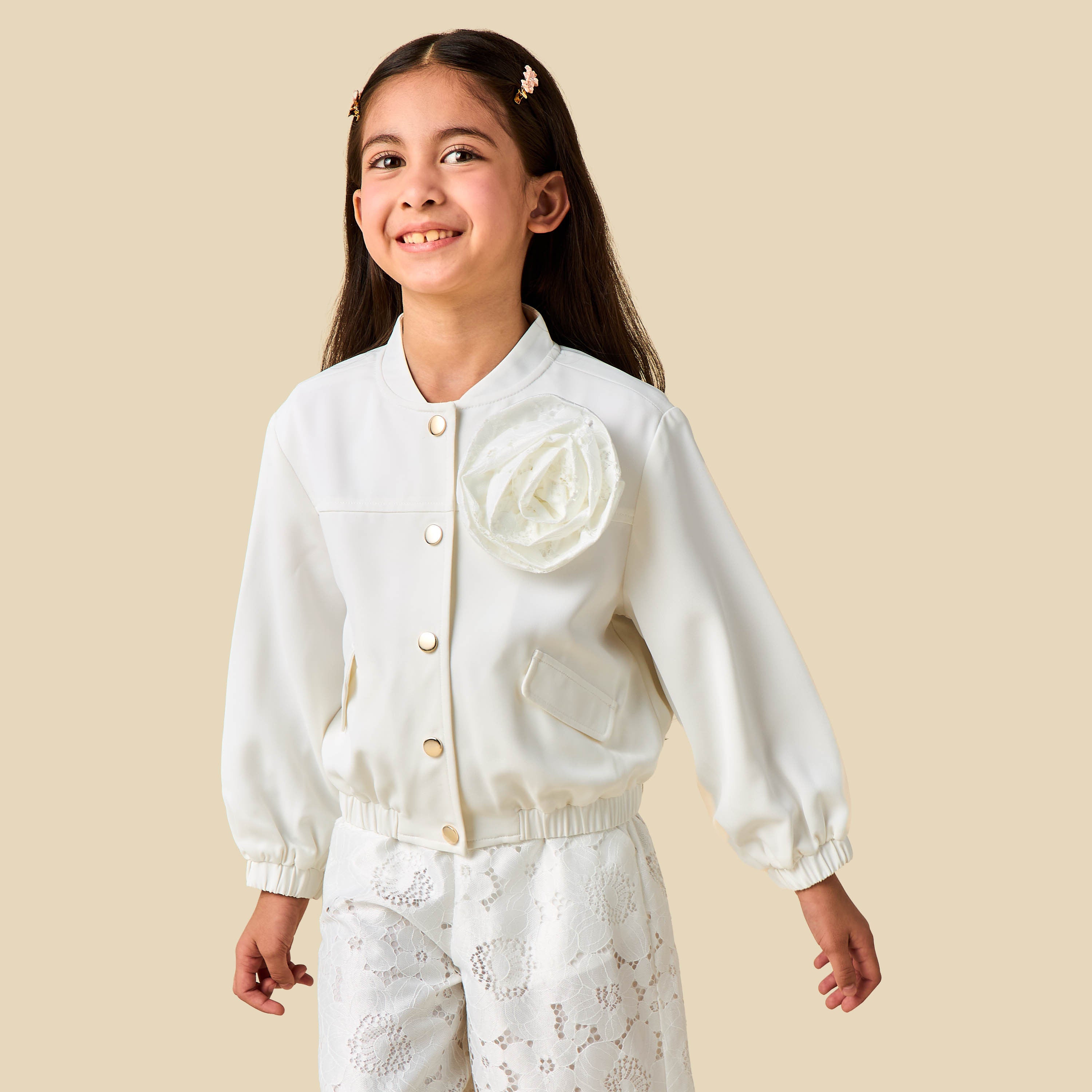 Juniors Round Neck Long Sleeves Jacket and Pants Set with Lace Detail