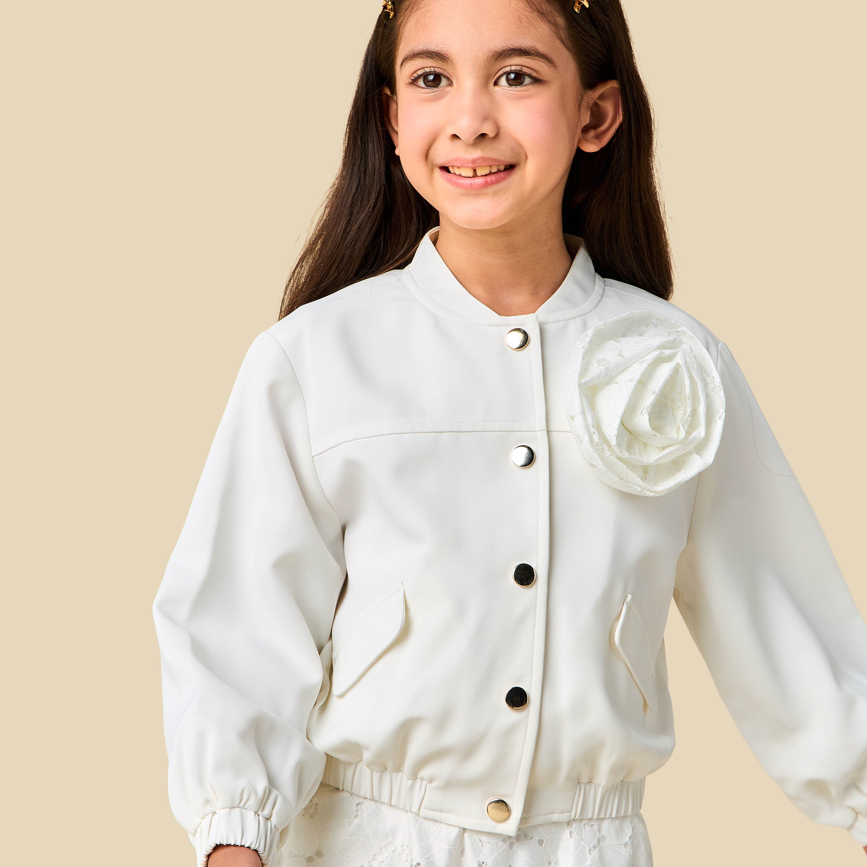 Juniors Round Neck Long Sleeves Jacket and Pants Set with Lace Detail