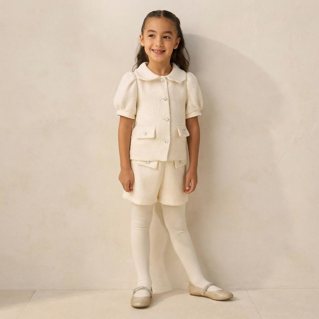 Juniors Collared Short Sleeves Jacket and Shorts Set with Tights - Cream / 3-4 yrs