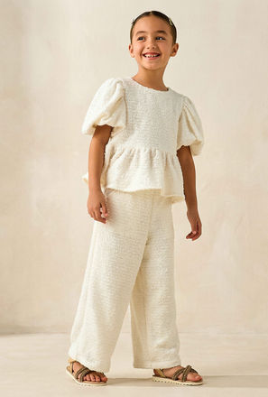 Juniors Crew Neck Short Puff Sleeves Peplum Top and Pants Set with Sequin Detail
