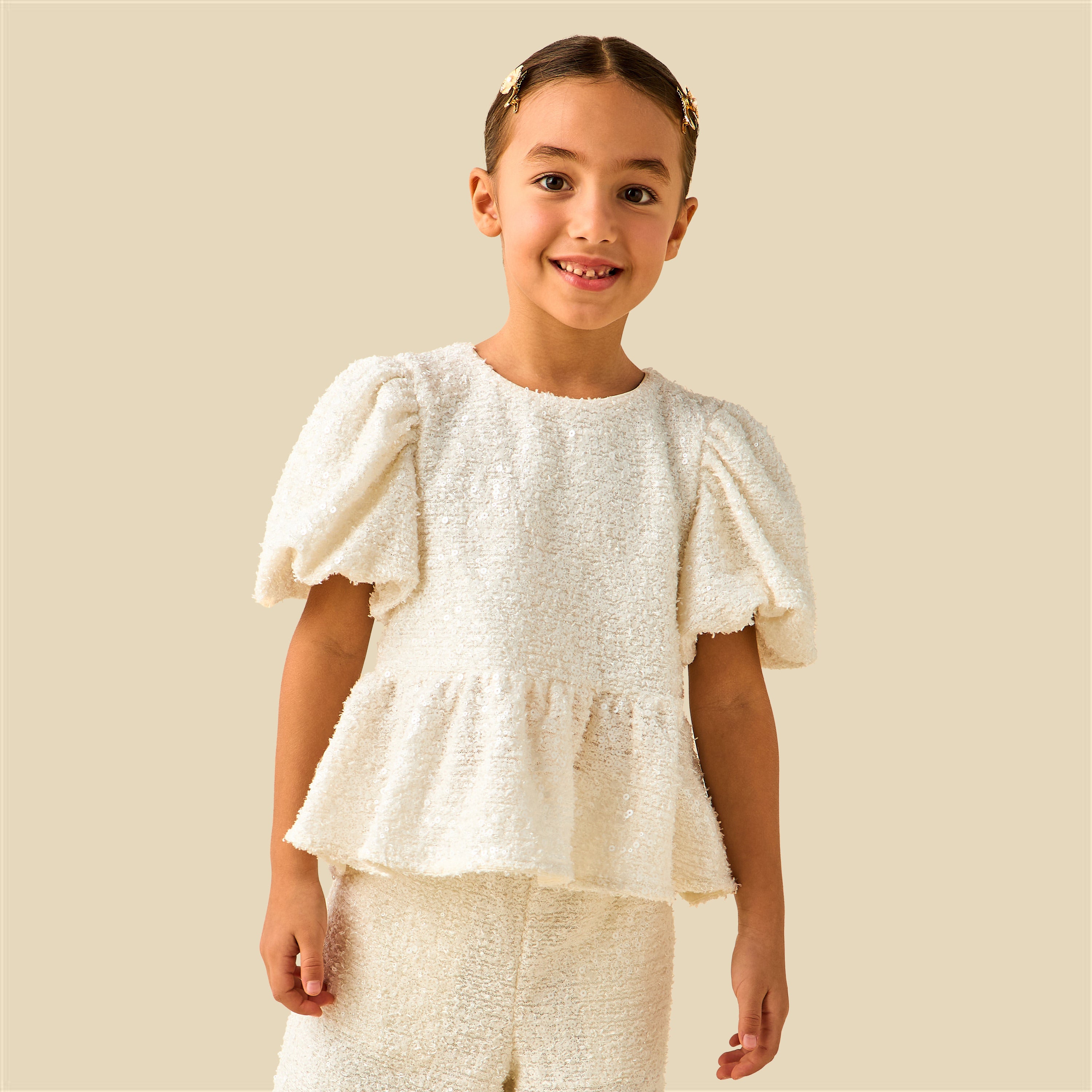 Juniors Crew Neck Short Puff Sleeves Peplum Top and Pants Set with Sequin Detail