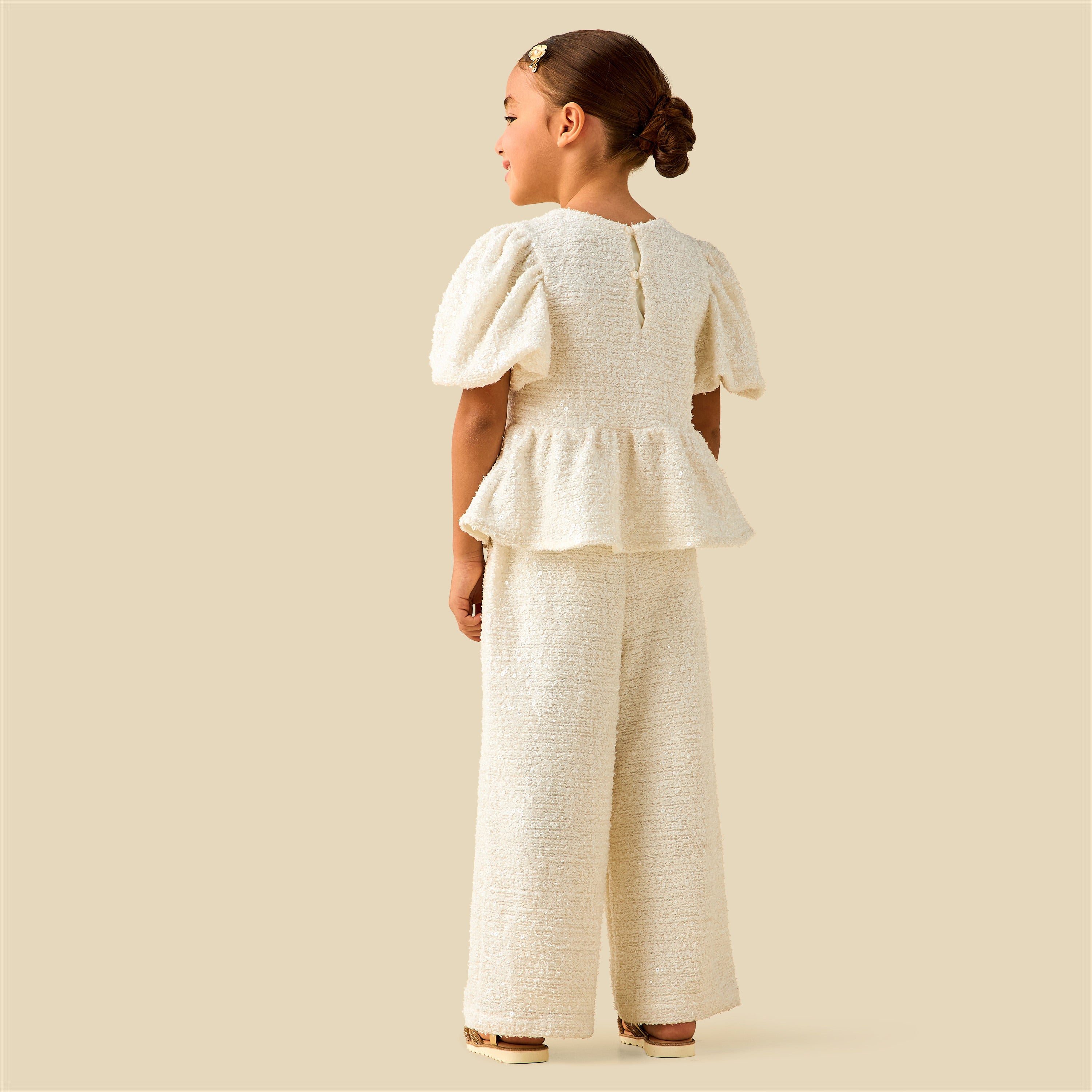 Juniors Crew Neck Short Puff Sleeves Peplum Top and Pants Set with Sequin Detail