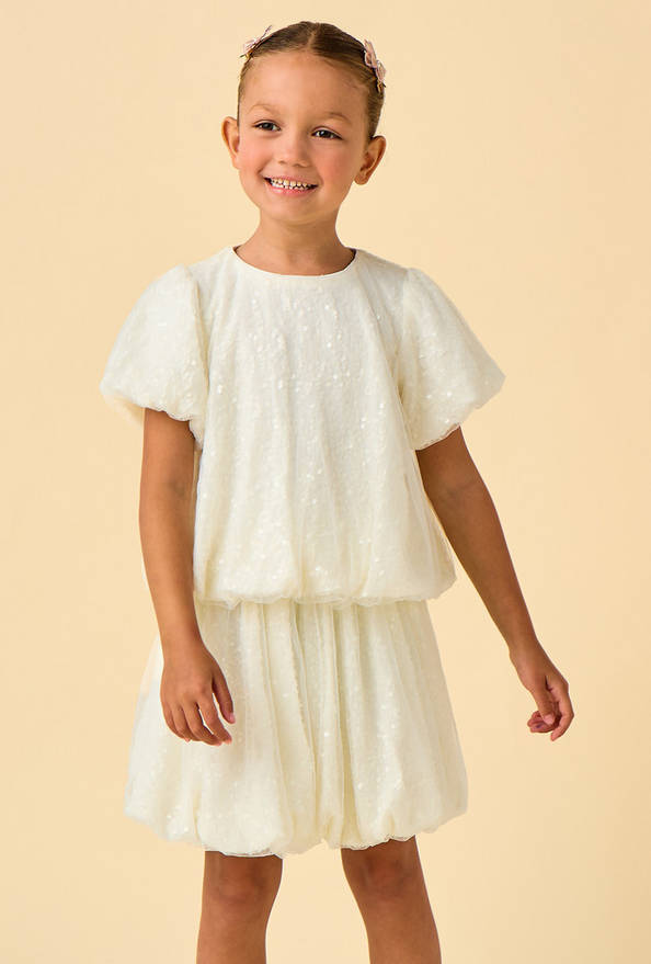 Juniors Crew Neck Short Sleeves Top and Skirt Set with Sequin Detail