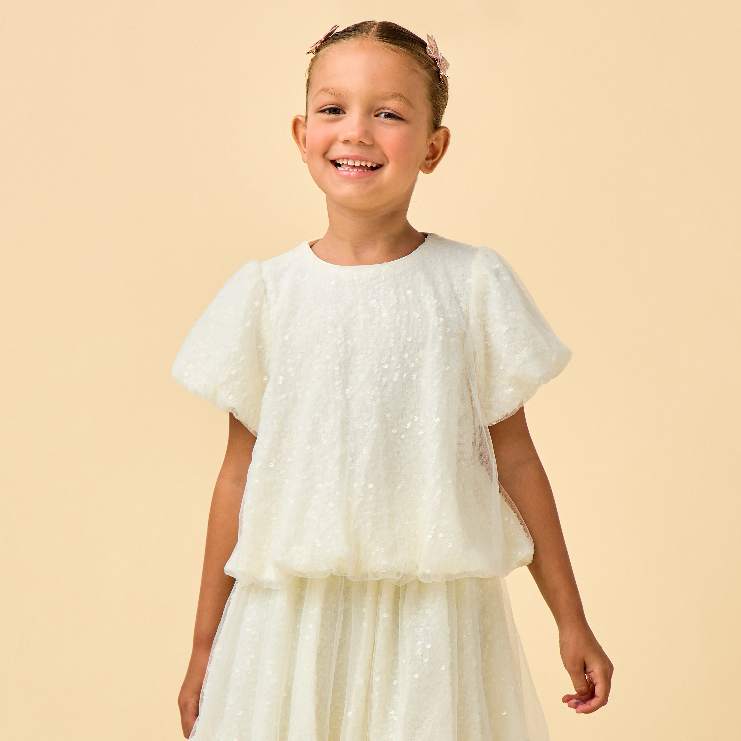Juniors Crew Neck Short Sleeves Top and Skirt Set with Sequin Detail