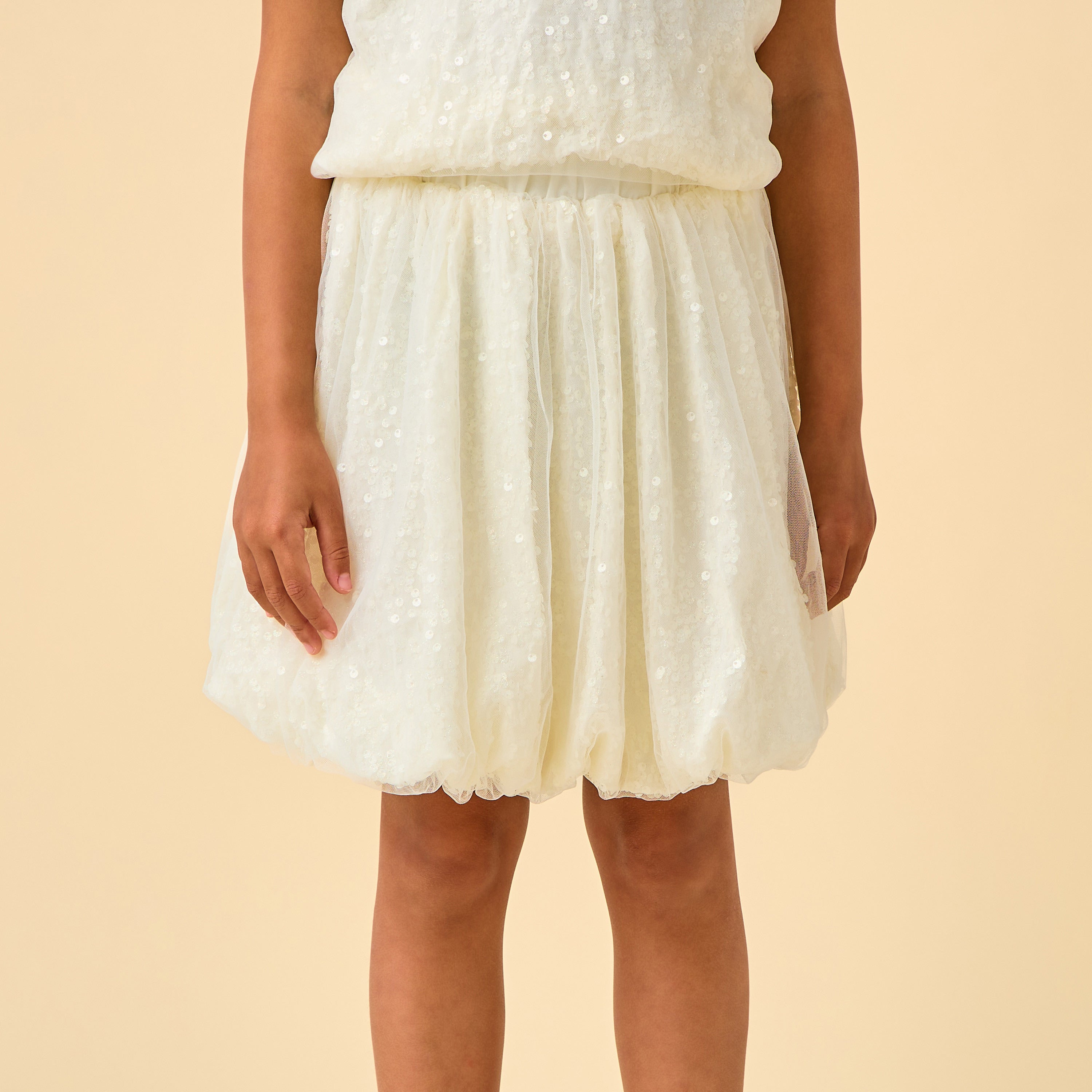 Juniors Crew Neck Short Sleeves Top and Skirt Set with Sequin Detail