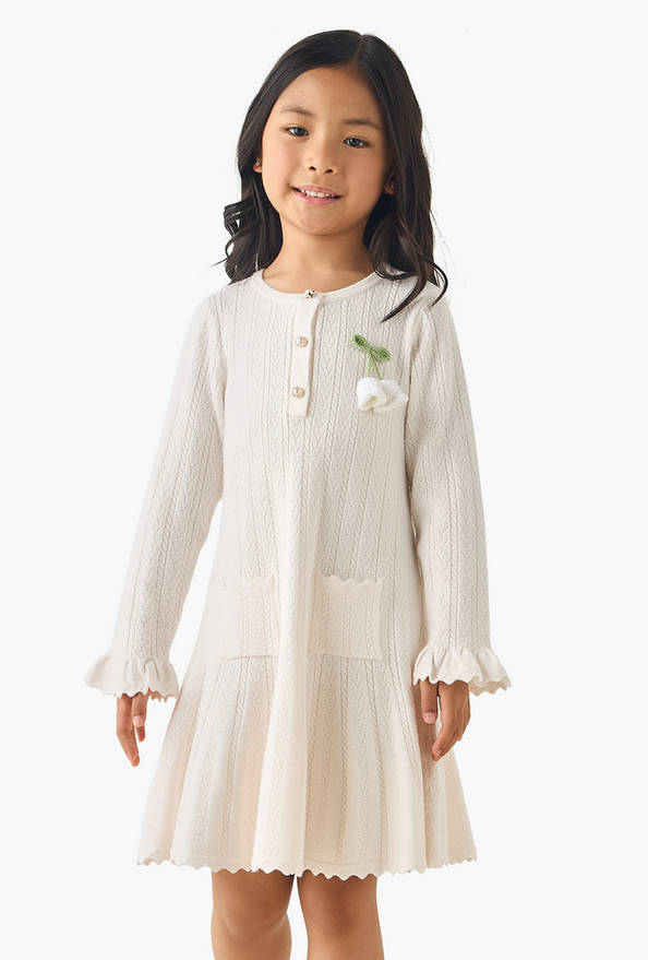 Eligo Henley Neck Long Sleeves Dress with Crochet Detail