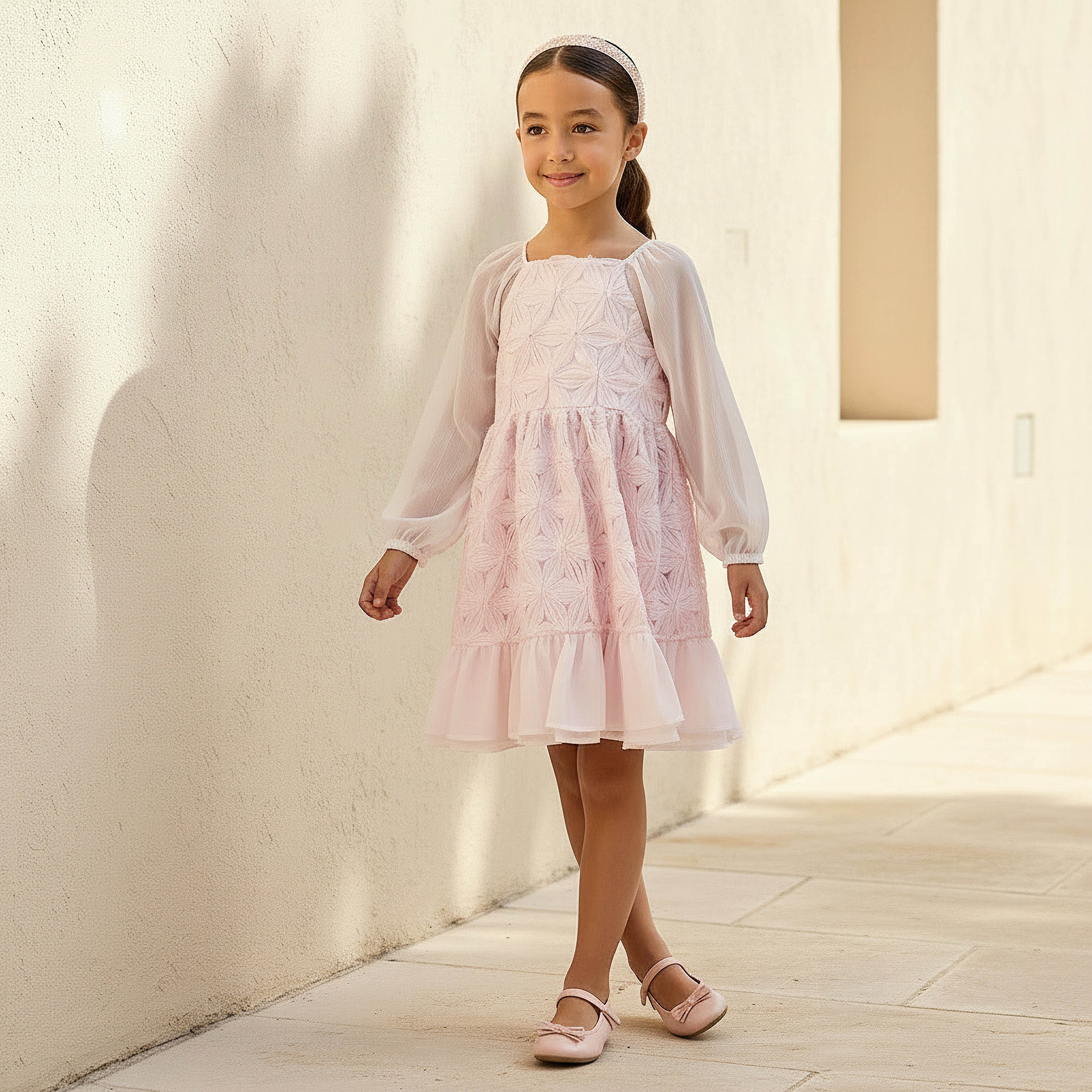 Eligo Square Neck Long Sleeves Dress with Floral Texture - Pink / 1-2 yrs