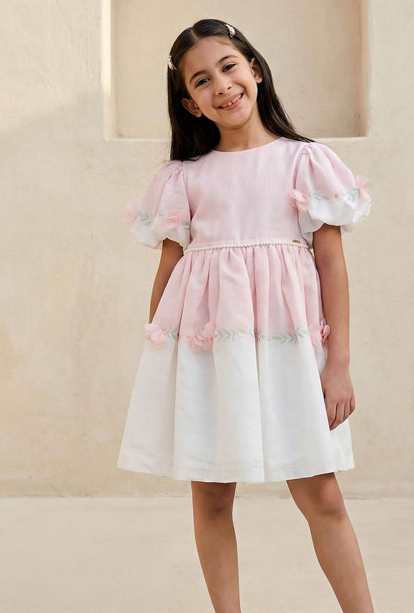 Eligo Round Neck Short Sleeves A-line Dress with Floral Applique