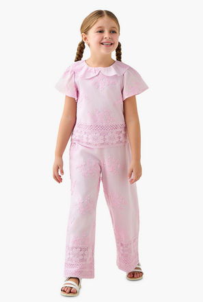 Eligo Collared Short Sleeves Top and Pants Set with Embroidery