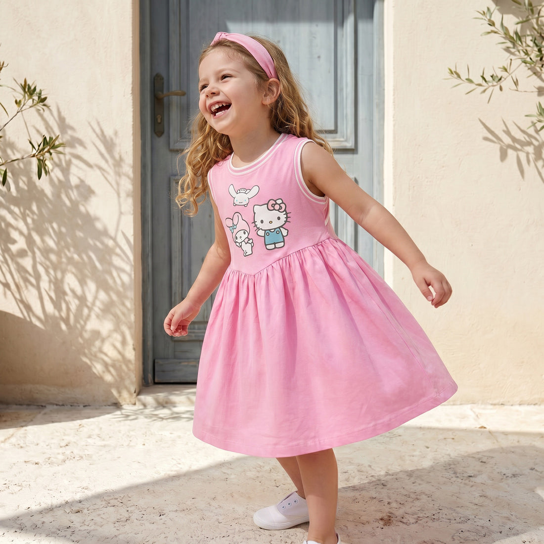 Sanrio Round Neck Sleeveless Knee-Length Dress with Hello Kitty and Friends Print