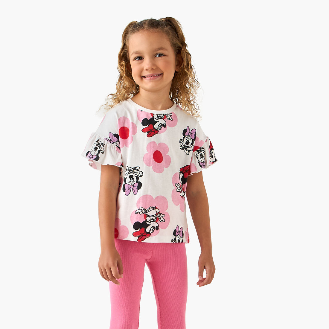 Disney Crew Neck Short Ruffle Sleeves T-shirt with Minnie Mouse Print - White / 1-2 yrs