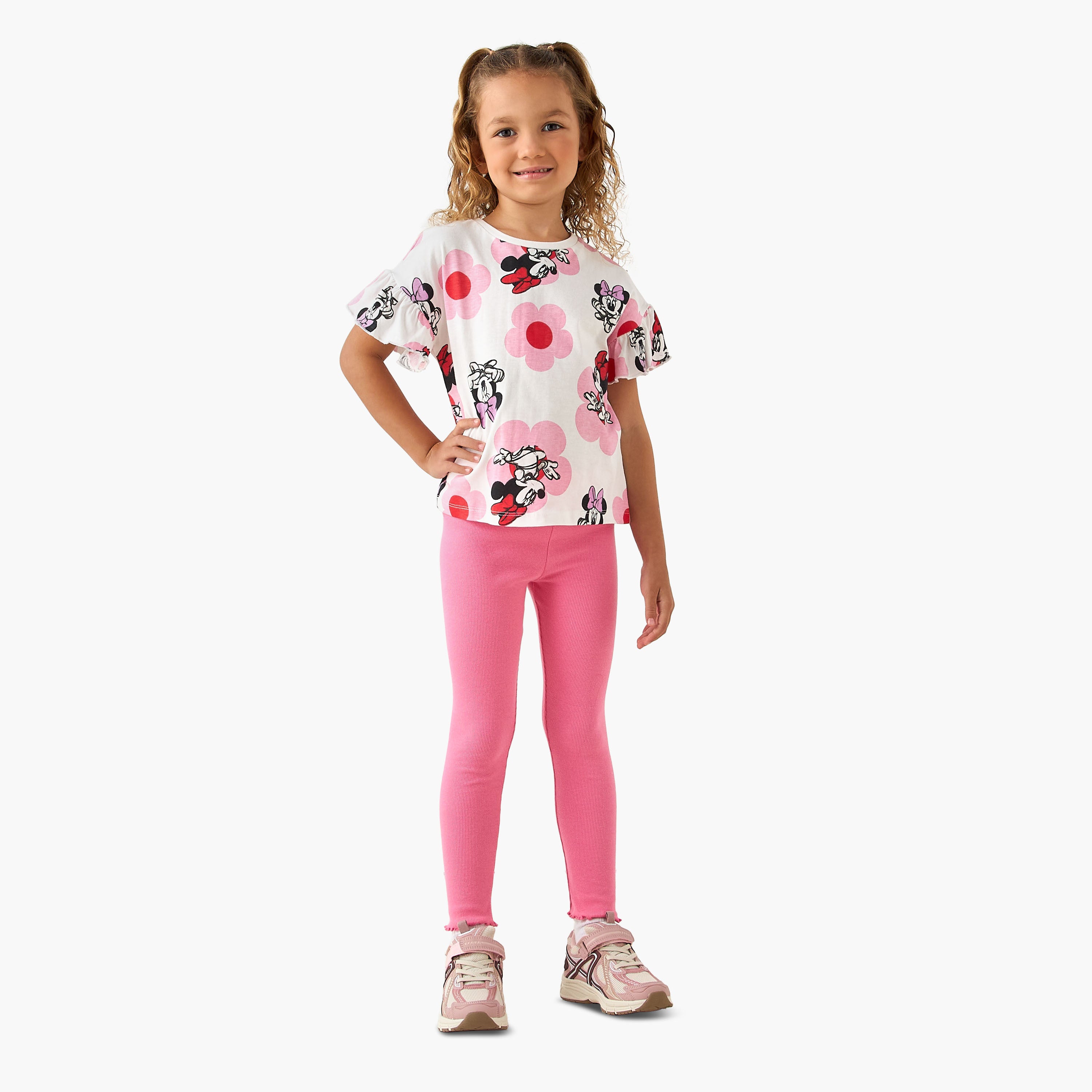 Disney Crew Neck Short Ruffle Sleeves T-shirt with Minnie Mouse Print