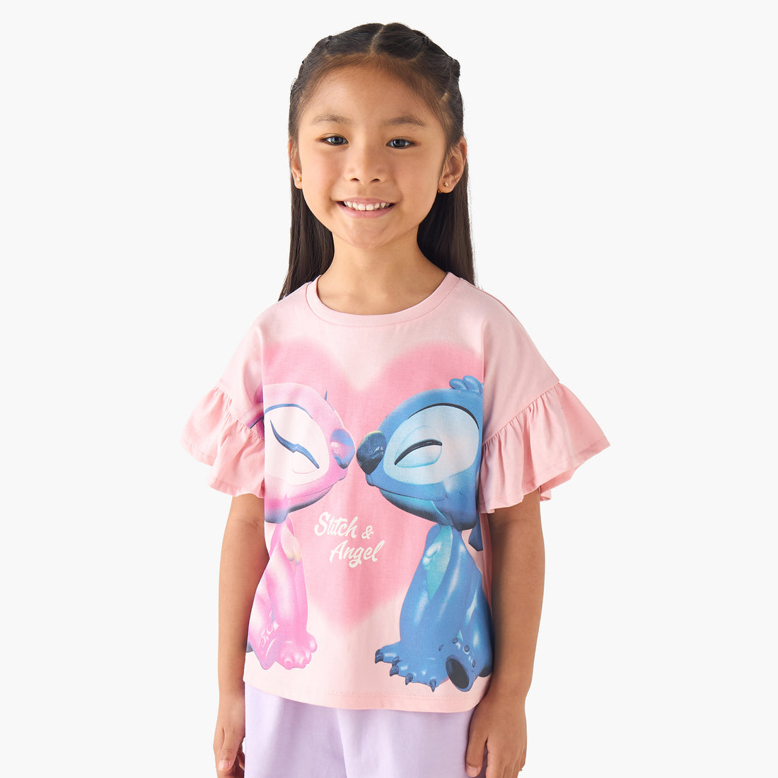 Disney Crew Neck Short Ruffle Sleeves T-shirt with Stitch and Angel Print - Pink / 1-2 yrs